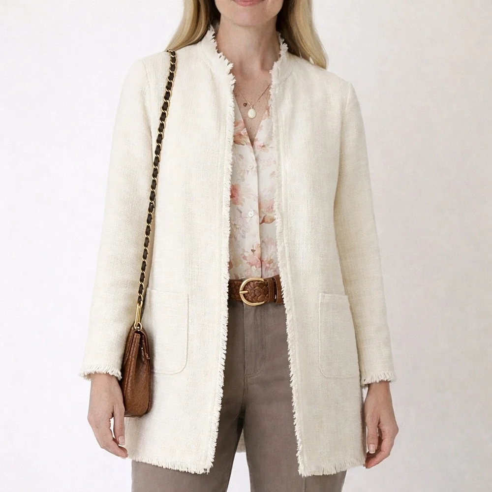 Chico’s Cream Fringe Tweed Open Front Jacket Size 1 (approx. Medium)